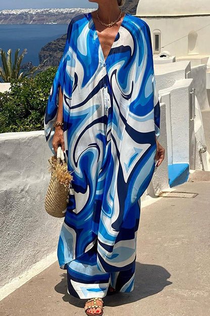 Conjunto informal de dos piezas con cuello en V, media manga y estampado tie-dye para vacaciones