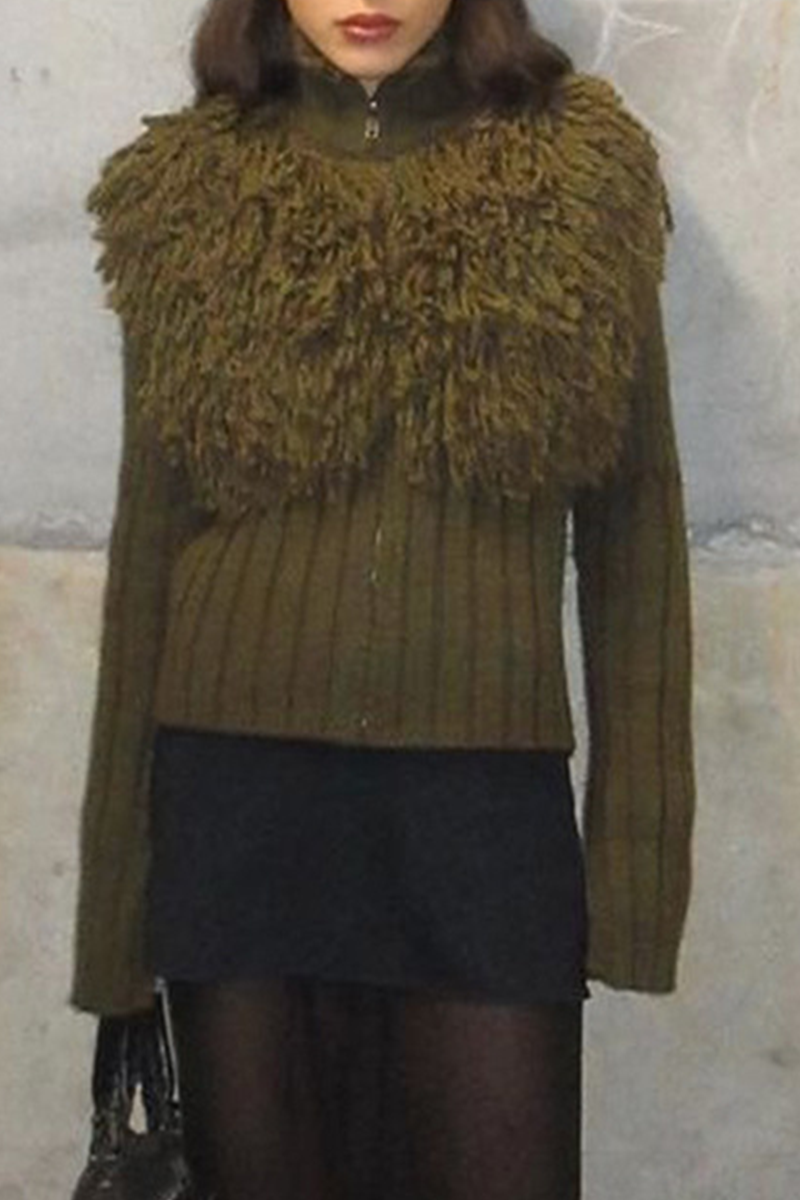 Casual Fringed Trim Zipper Turtleneck Sweaters