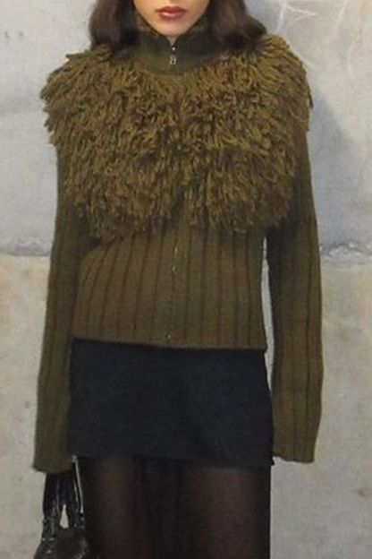 Casual Fringed Trim Zipper Turtleneck Sweaters