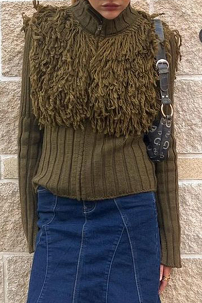 Casual Fringed Trim Zipper Turtleneck Sweaters