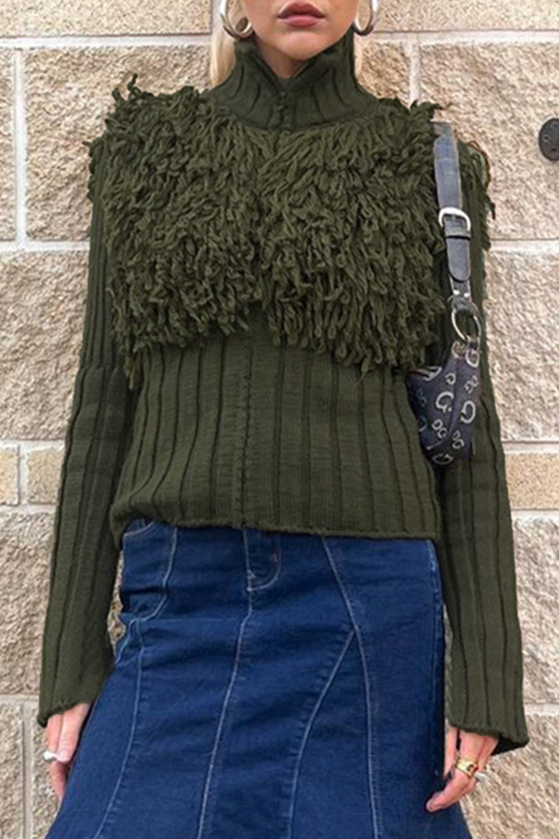 Casual Fringed Trim Zipper Turtleneck Sweaters