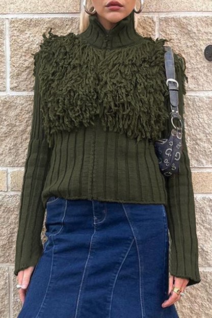 Casual Fringed Trim Zipper Turtleneck Sweaters