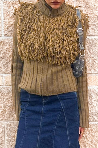 Casual Fringed Trim Zipper Turtleneck Sweaters