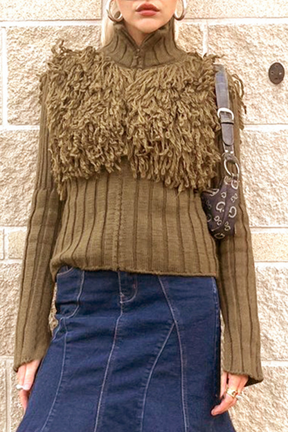 Casual Fringed Trim Zipper Turtleneck Sweaters