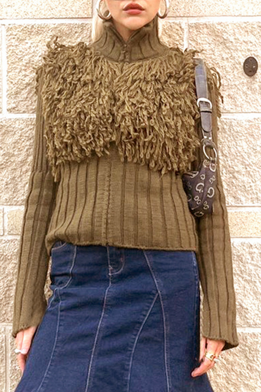 Casual Fringed Trim Zipper Turtleneck Sweaters