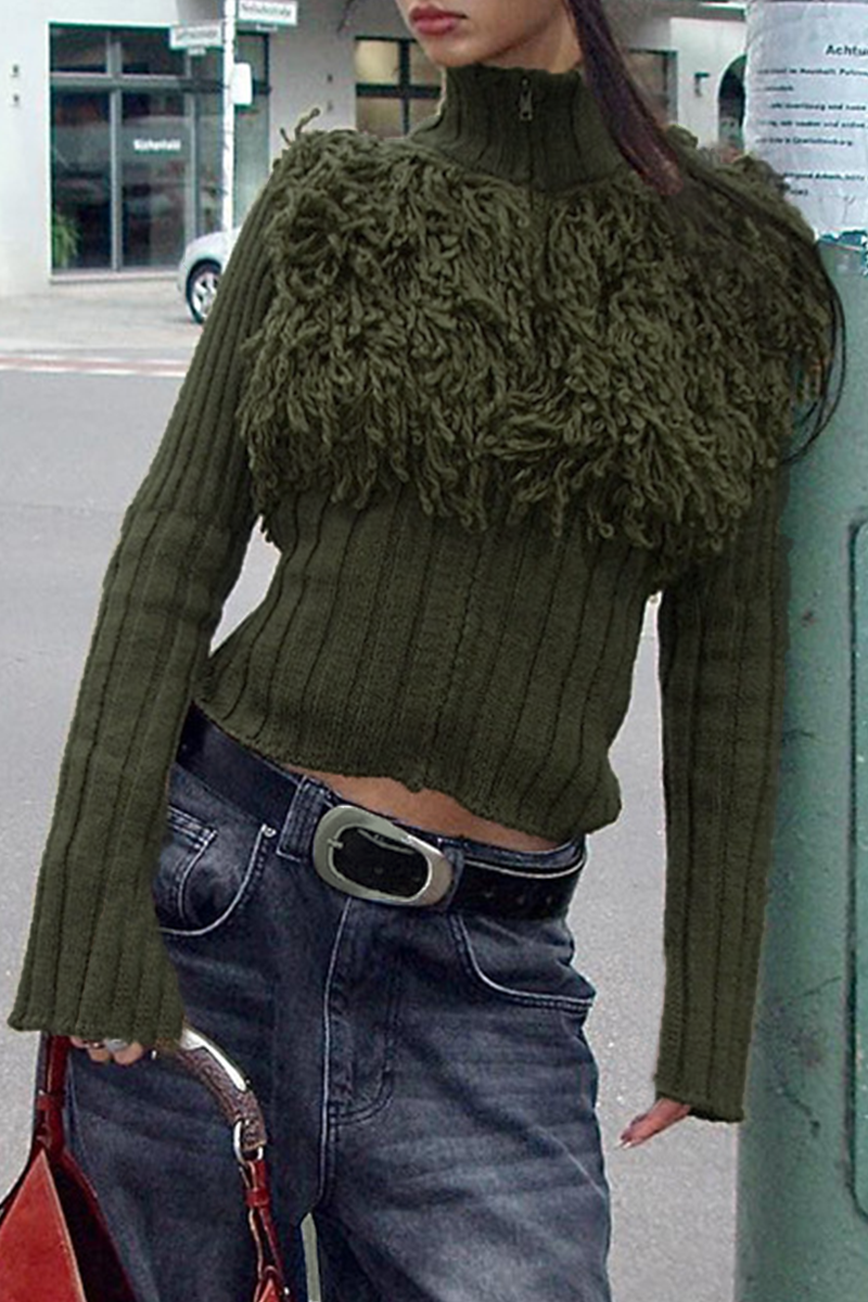 Casual Fringed Trim Zipper Turtleneck Sweaters