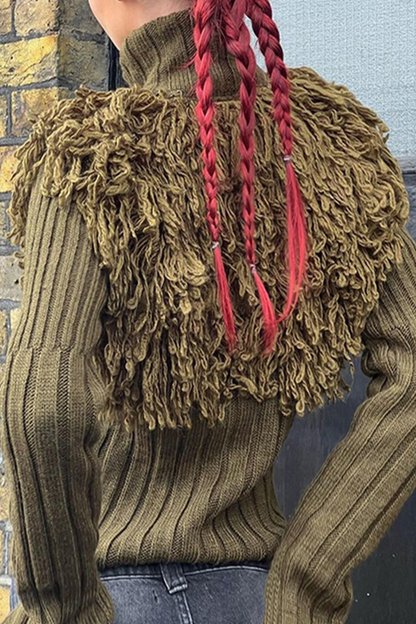Casual Fringed Trim Zipper Turtleneck Sweaters