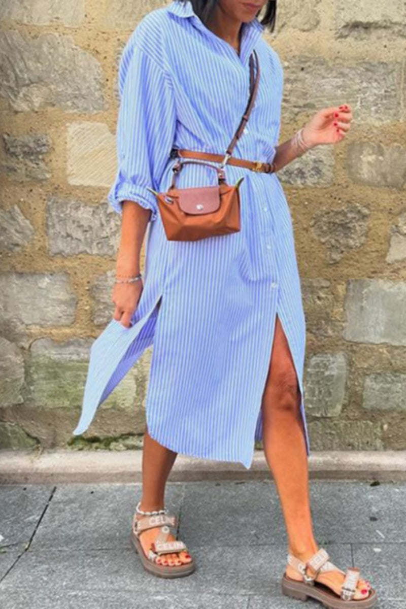 Vestido camisero informal con cuello vuelto, abertura y botones estampados a rayas (sin cinturón)