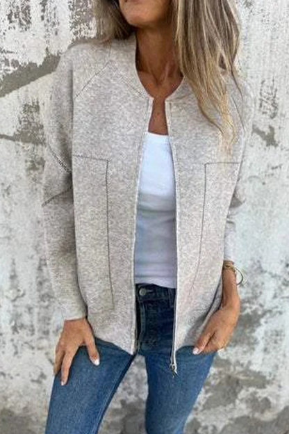 Casual Daily Pocket Patchwork Zipper O Neck Outerwear(8 Colors)