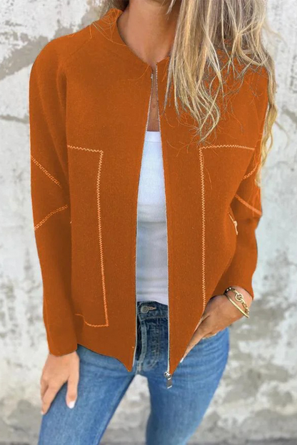 Casual Daily Pocket Patchwork Zipper O Neck Outerwear(8 Colors)