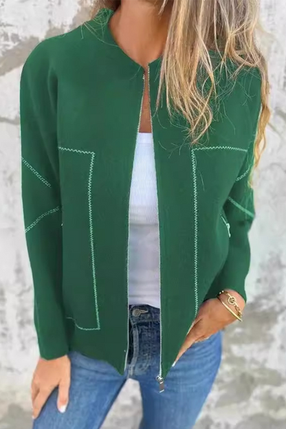 Casual Daily Pocket Patchwork Zipper O Neck Outerwear(8 Colors)