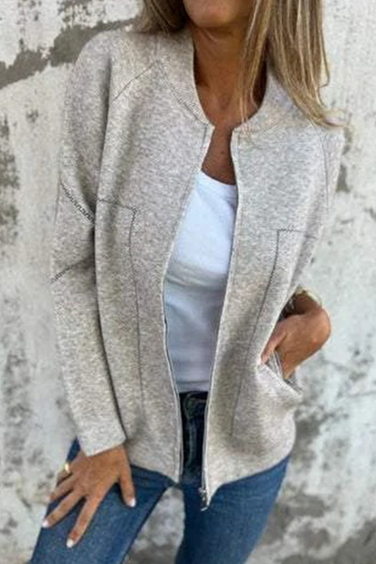 Prendas de abrigo informales de uso diario con cuello redondo, cremallera y bolsillos de color liso (8 colores)