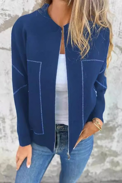 Casual Daily Pocket Patchwork Zipper O Neck Outerwear(8 Colors)