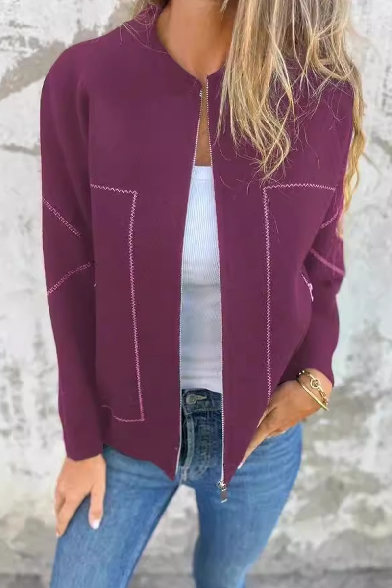 Prendas de abrigo informales de uso diario con cuello redondo, cremallera y bolsillos de color liso (8 colores)