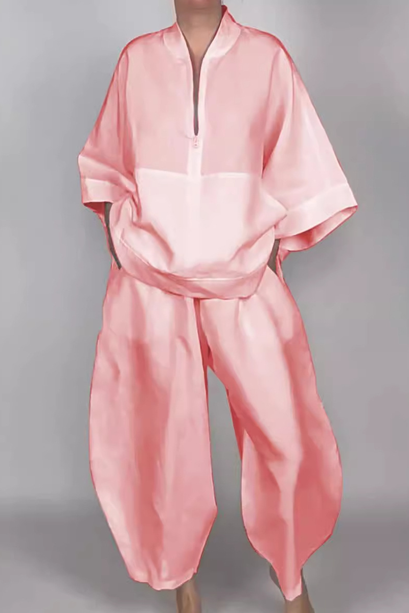 Conjunto informal de dos piezas con bolsillo y cremallera para uso diario, cuello con cremallera, manga larga (5 colores)