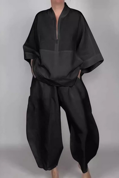 Conjunto informal de dos piezas con bolsillo y cremallera para uso diario, cuello con cremallera, manga larga (5 colores)