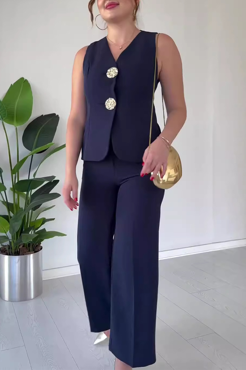 Elegante conjunto de dos piezas sin mangas con cuello en V y patchwork de color liso (12 colores)