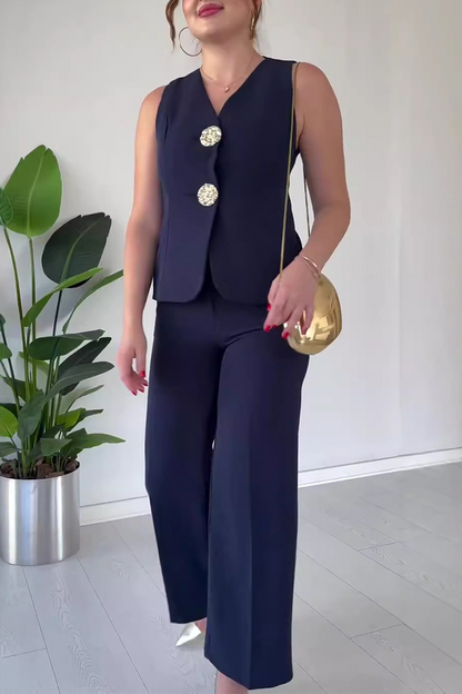 Elegante conjunto de dos piezas sin mangas con cuello en V y patchwork de color liso (12 colores)