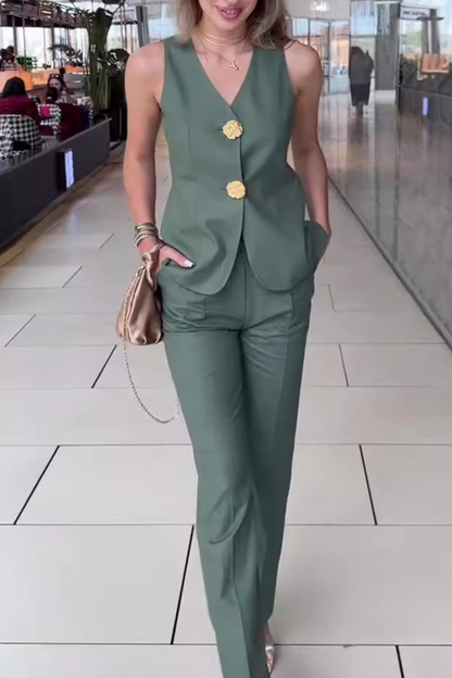 Elegante conjunto de dos piezas sin mangas con cuello en V y patchwork de color liso (12 colores)