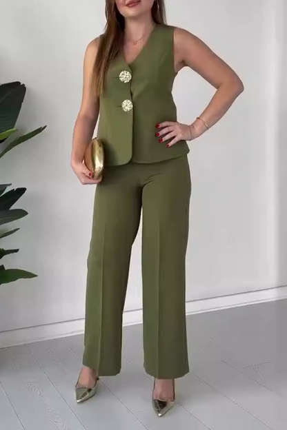 Elegante conjunto de dos piezas sin mangas con cuello en V y patchwork de color liso (12 colores)
