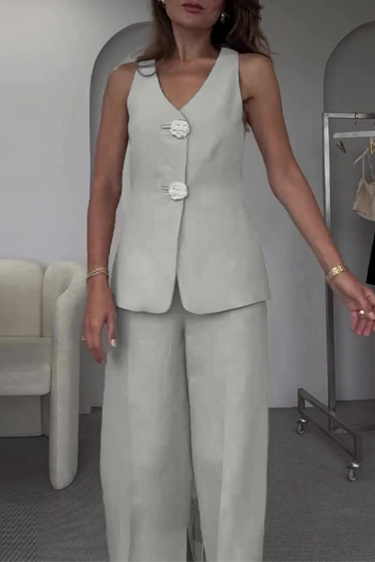 Elegante conjunto de dos piezas sin mangas con cuello en V y patchwork de color liso (12 colores)