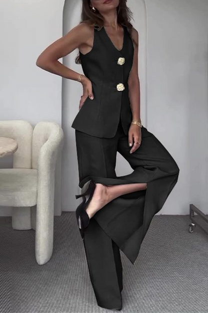 Elegante conjunto de dos piezas sin mangas con cuello en V y patchwork de color liso (12 colores)