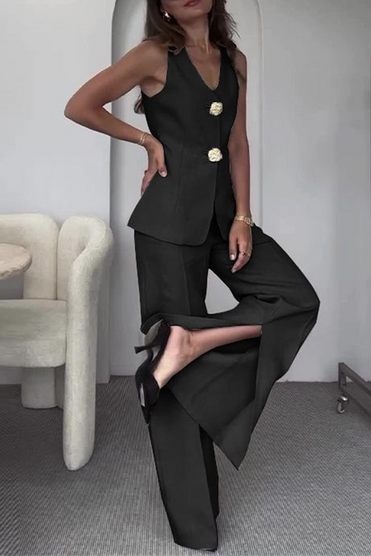 Elegante conjunto de dos piezas sin mangas con cuello en V y patchwork de color liso (12 colores)
