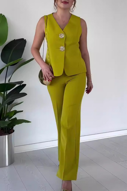 Elegante conjunto de dos piezas sin mangas con cuello en V y patchwork de color liso (12 colores)