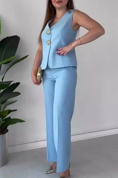 Elegante conjunto de dos piezas sin mangas con cuello en V y patchwork de color liso (12 colores)