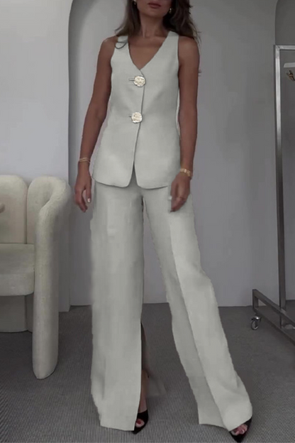 Elegante conjunto de dos piezas sin mangas con cuello en V y patchwork de color liso (12 colores)