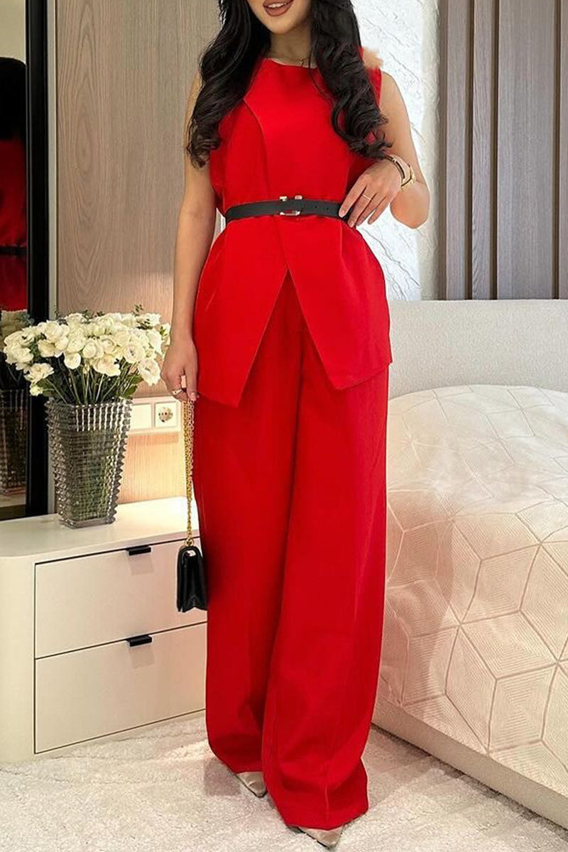 Elegante simplicidad, sólido, bolsillo, cuello redondo, sin mangas, dos piezas