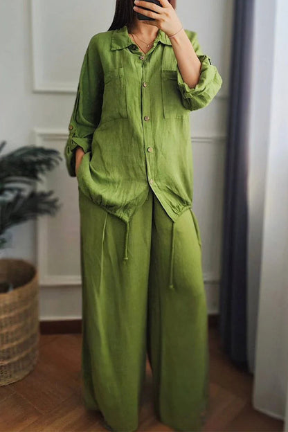 Conjunto informal de dos piezas con botones y cordón, cuello vuelto, manga larga (6 colores)