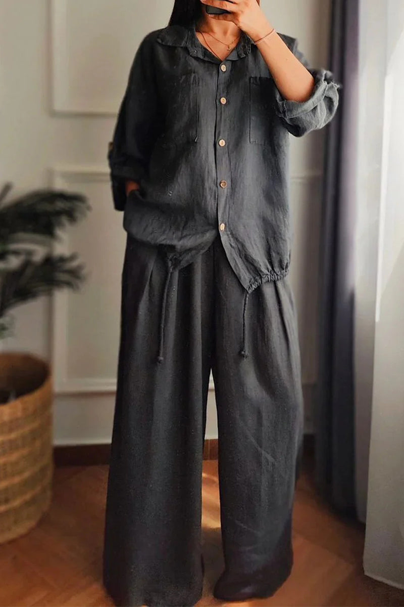 Conjunto informal de dos piezas con botones y cordón, cuello vuelto, manga larga (6 colores)