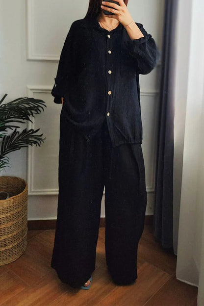 Conjunto informal de dos piezas con botones y cordón, cuello vuelto, manga larga (6 colores)