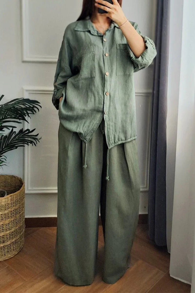 Conjunto informal de dos piezas con botones y cordón, cuello vuelto, manga larga (6 colores)