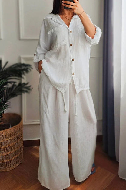 Casual Draw String Buttons Turndown Collar Long Sleeve Two Pieces(6 Colors)