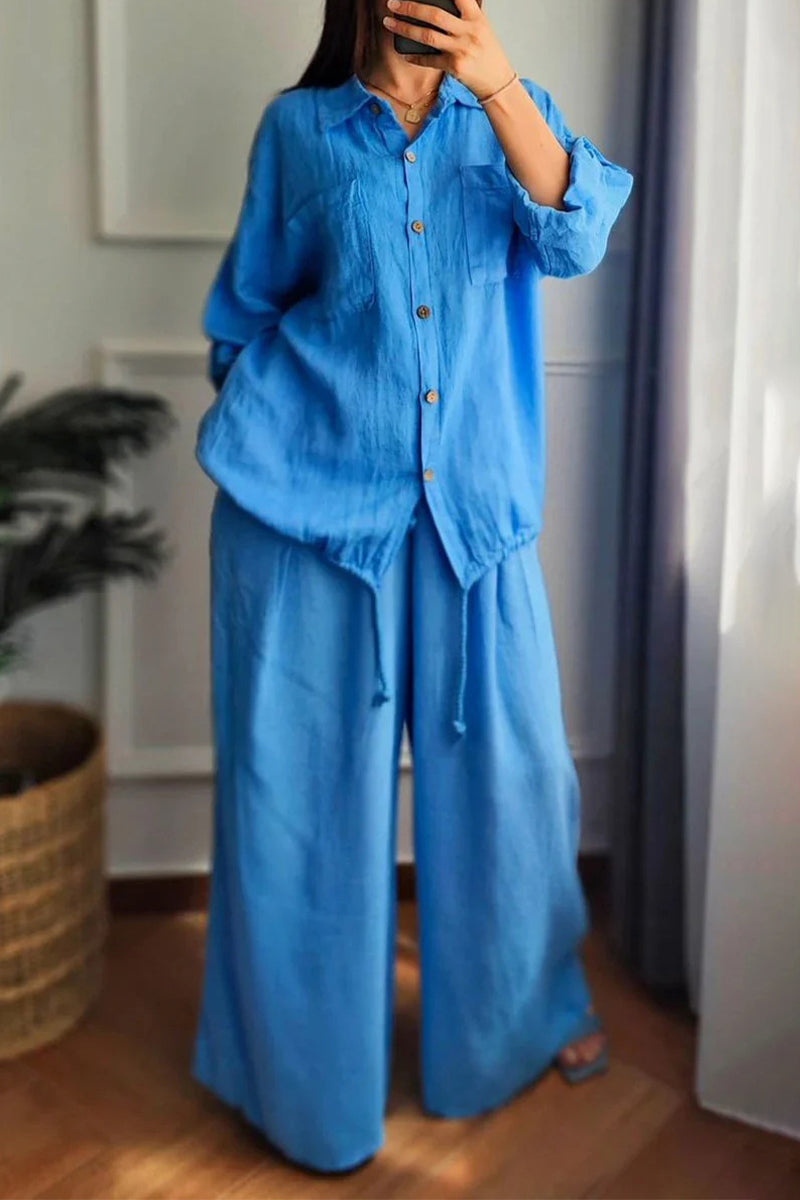 Casual Draw String Buttons Turndown Collar Long Sleeve Two Pieces(6 Colors)