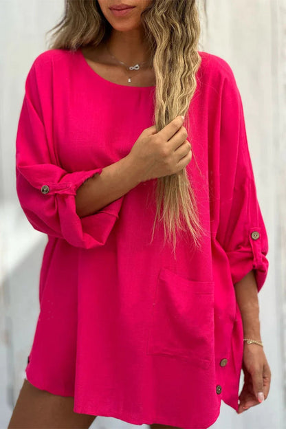 Vestidos casuales de manga larga con cuello redondo y botones de bolsillo (4 colores)