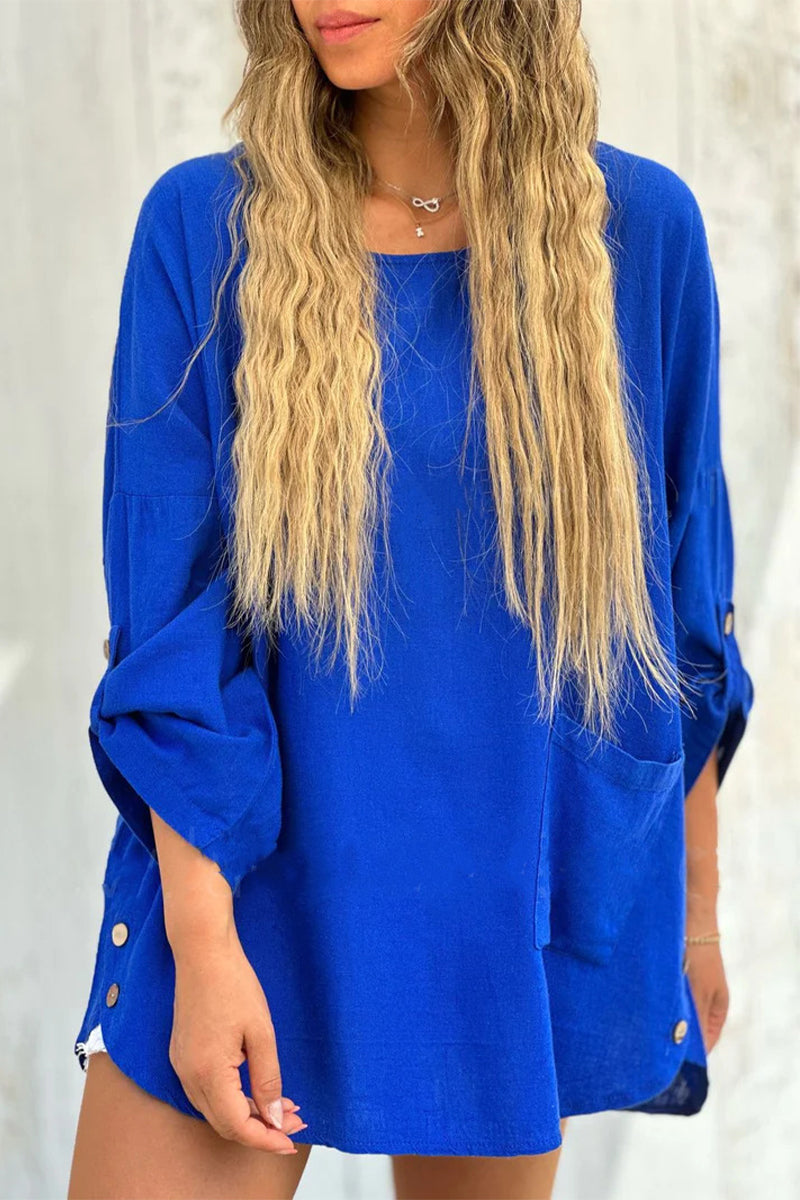 Vestidos casuales de manga larga con cuello redondo y botones de bolsillo (4 colores)