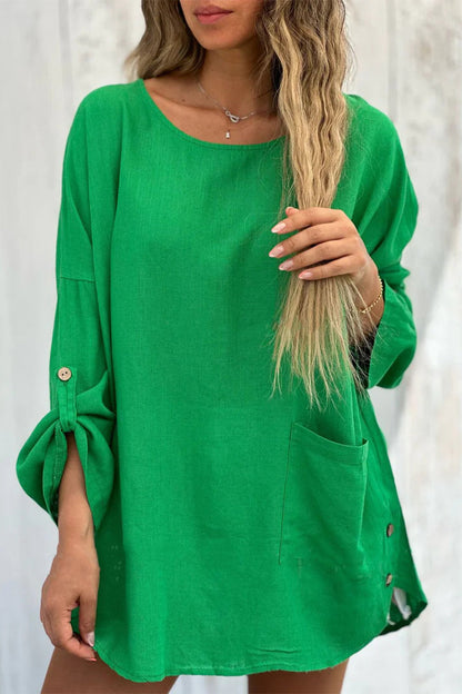 Vestidos casuales de manga larga con cuello redondo y botones de bolsillo (4 colores)
