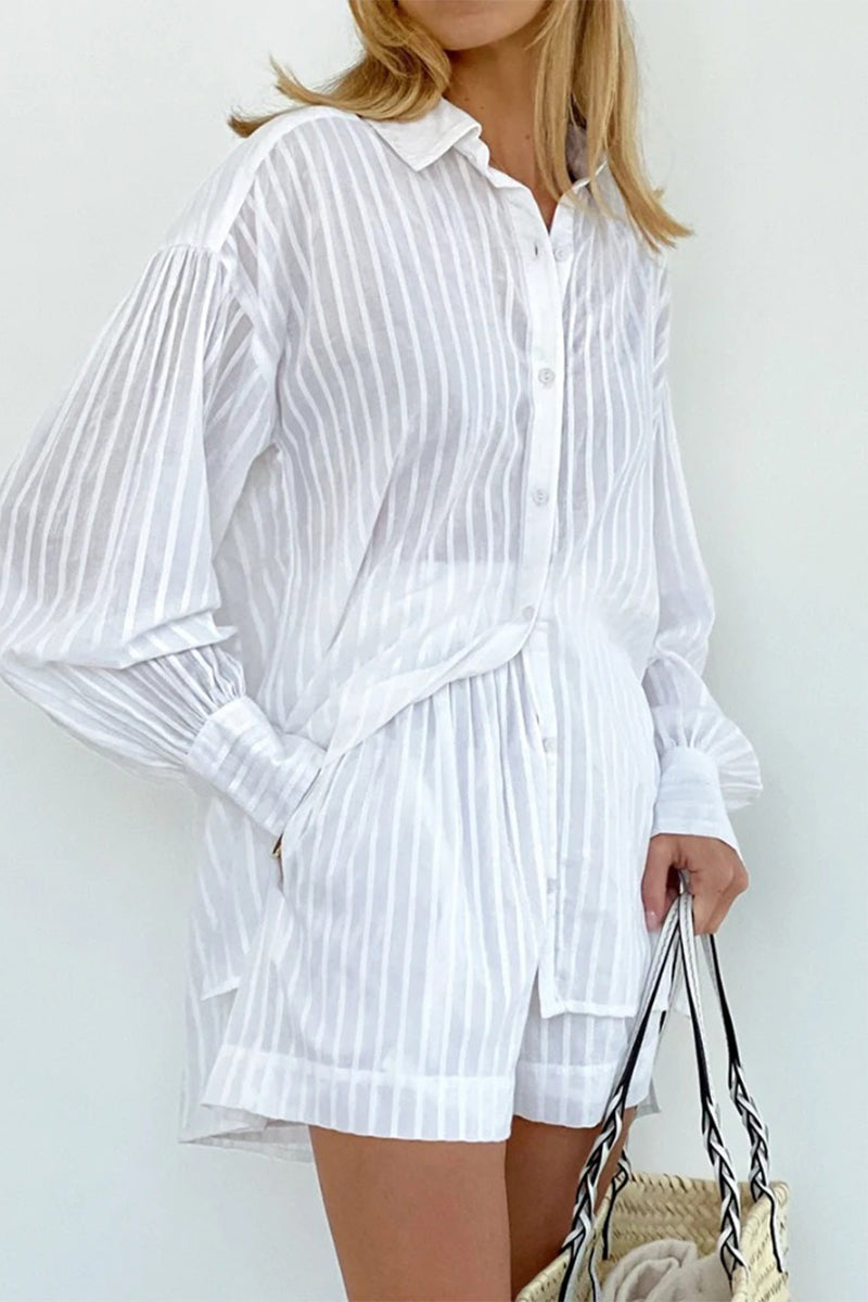 Conjunto informal de dos piezas con bolsillo, textura transparente, cuello vuelto, manga larga