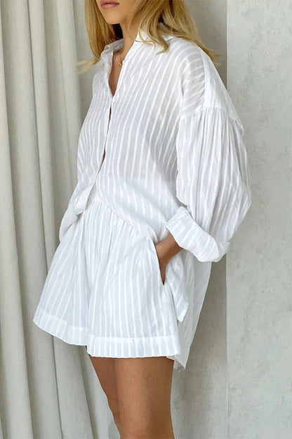 Conjunto informal de dos piezas con bolsillo, textura transparente, cuello vuelto, manga larga