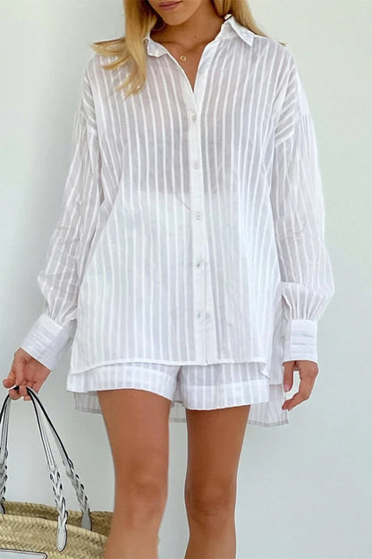 Conjunto informal de dos piezas con bolsillo, textura transparente, cuello vuelto, manga larga