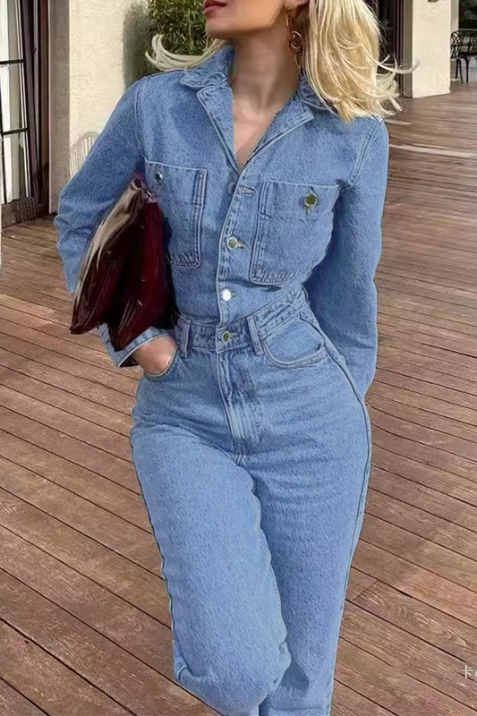 Mono vaquero holgado informal de calle, de color liso, con bolsillos, botones, cuello vuelto, manga larga