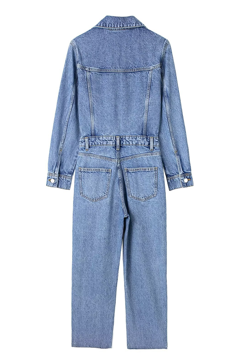 Casual Street Solid Color Pocket Buttons Turndown Collar Long Sleeve Loose Denim Jumpsuits