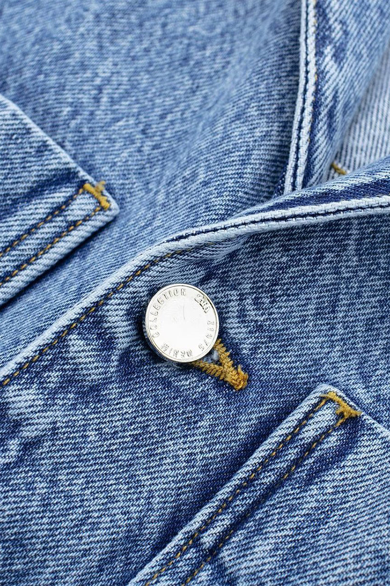 Casual Street Solid Color Pocket Buttons Turndown Collar Long Sleeve Loose Denim Jumpsuits