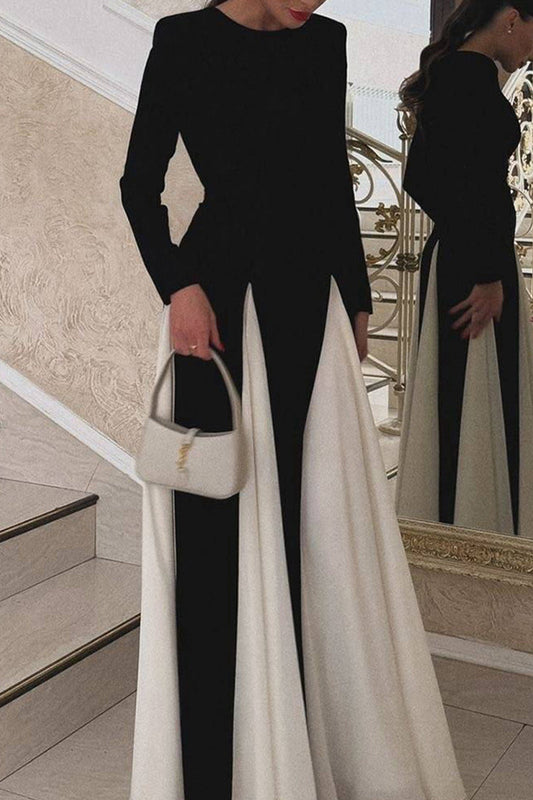 Elegant Contrast O Neck Long Dresses