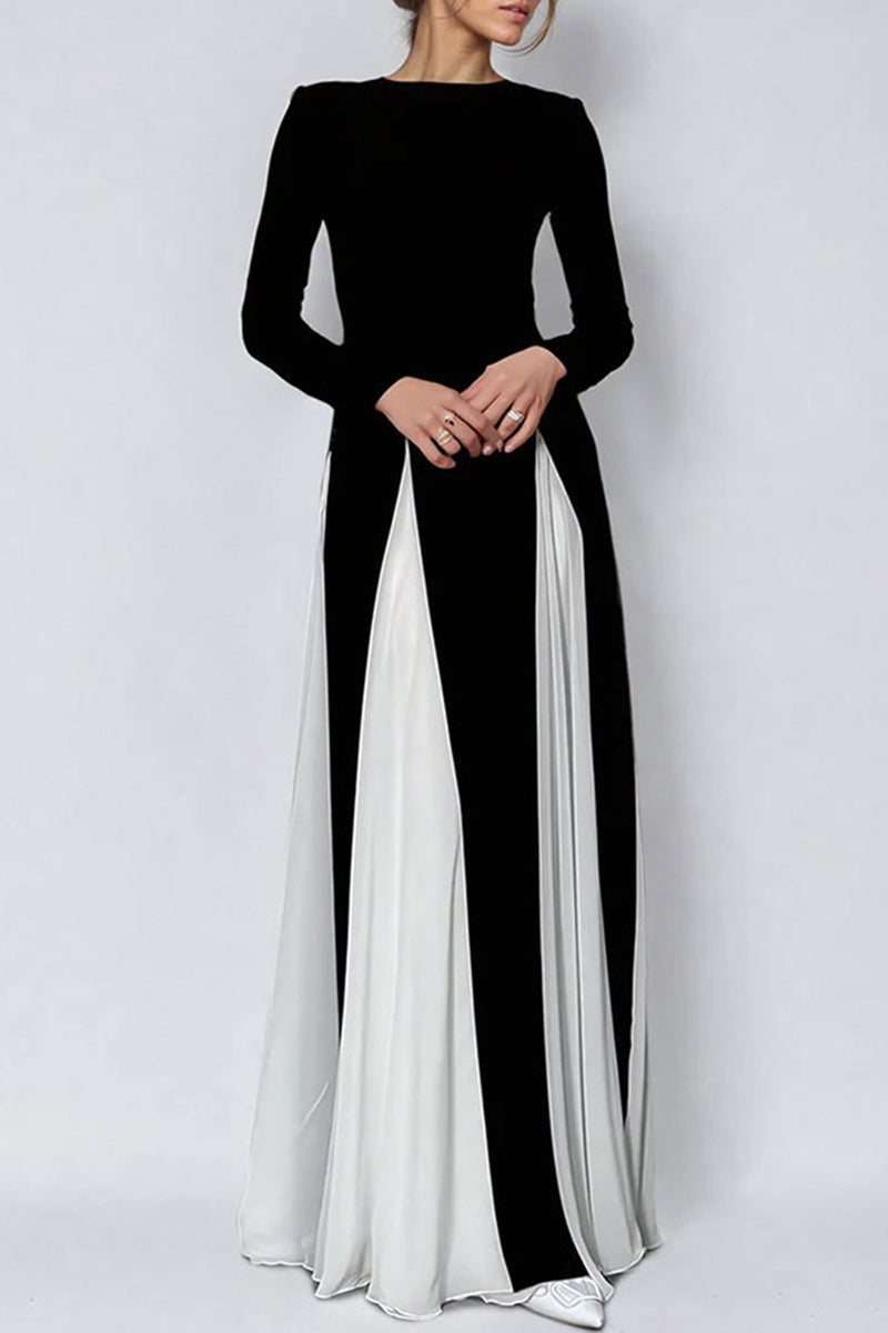 Elegant Contrast O Neck Long Dresses