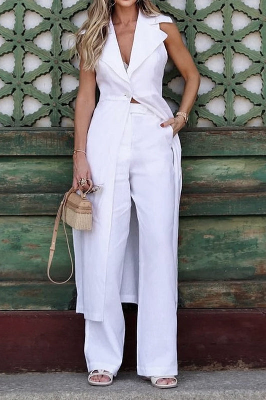 Conjunto informal de dos piezas con cuello vuelto, sin mangas y bolsillo con abertura para uso diario