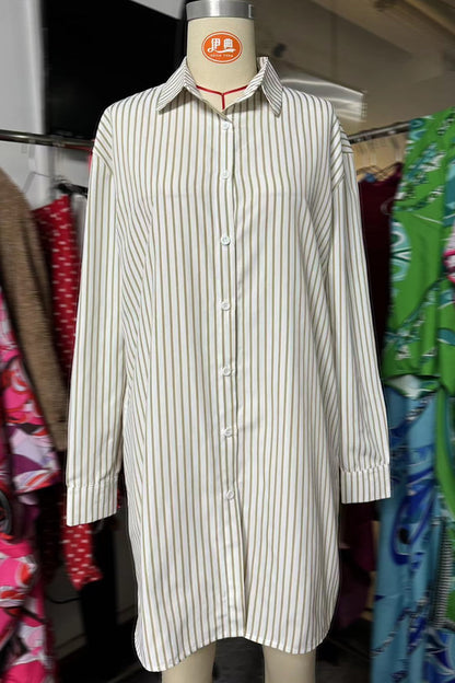 Vestidos camiseros casuales con cuello vuelto, hebilla y estampado de rayas